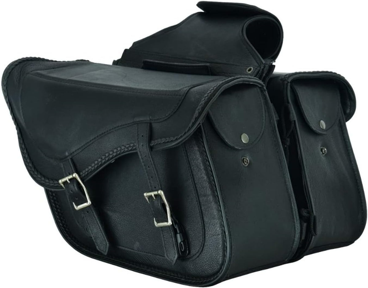GARGOYLE BELLS Motorcycle Saddle Bags Genuine Leather Motorcycle Luggage Bag For Softails Sportsters and Choppers (No Stud, Black, 13”x13“x10”)