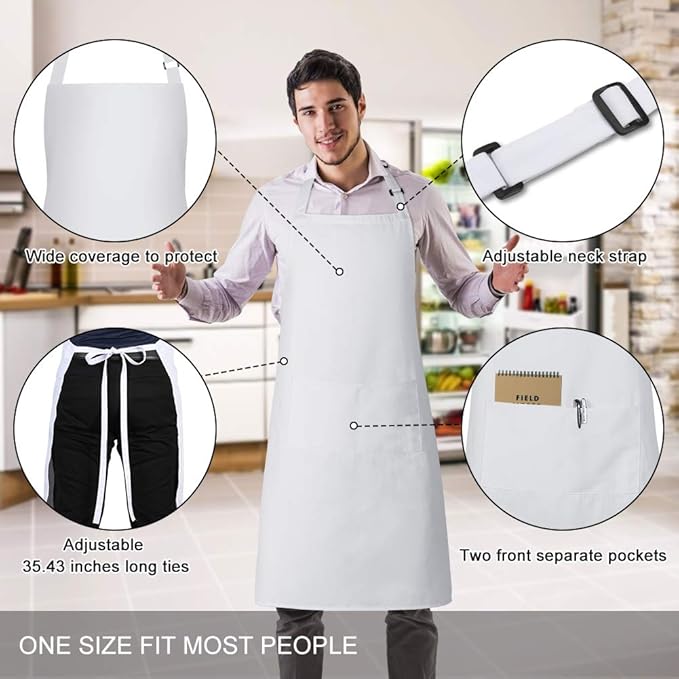 Jubatus 1 Pack Bib Aprons with 2 Pockets Cooking Chef Kitchen Apron for Women Men, White