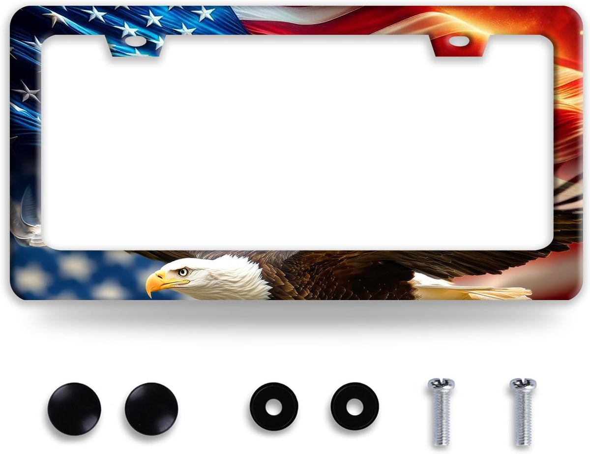 American Flag Eagle License Plate Frame Patriotic Flag License Plate Holder Funny Stainless Steel Accessories Cars Decor with 2 Holes and Screws Fits Standard Us Ca Vehicles License Plate 12.2 X 6 in