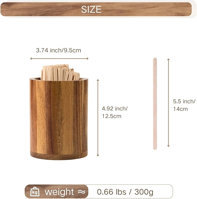 Acacia Wood Coffee Stirrer Holder Set with 100 Disposable Stir Sticks, Wooden Bar Accessories for Milk Cocktail Tea Drinks Straws, Organizer for Station Countertop