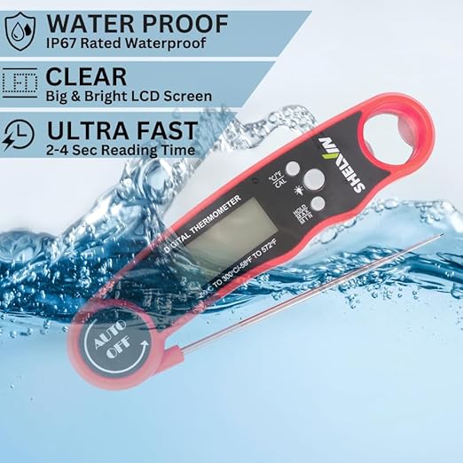 Digital Meat Thermometer with Bottle Opener - Waterproof Magnetic Instant Read Temperature Folding Probe for Cooking Hot Food Oil Fryer BBQ Grill Smoker Candy Liquids Beef Chicken Lamb Fish Pork