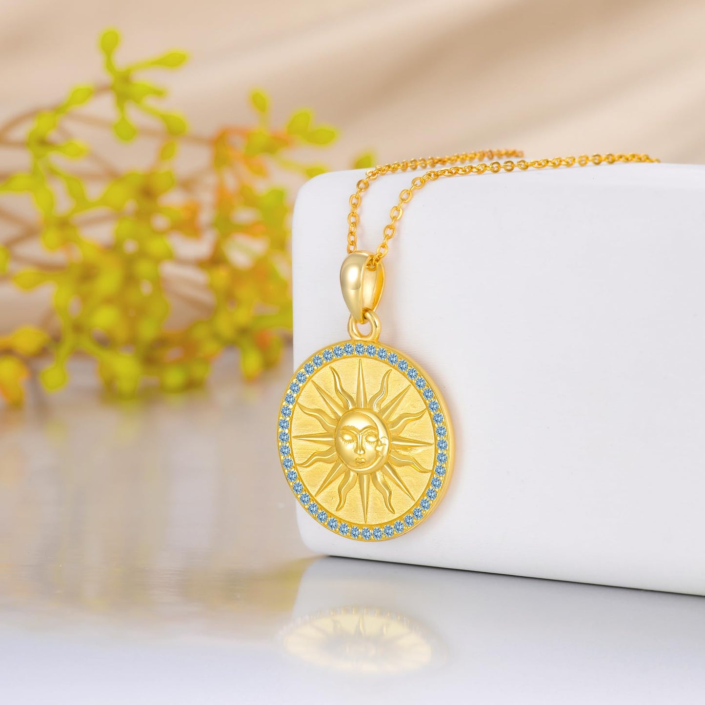 KQF Birthstone Sun Necklace for Women 925 Sterling Silver Sun and Moon Gold Plated Coin Pendant March Jewelry Gift