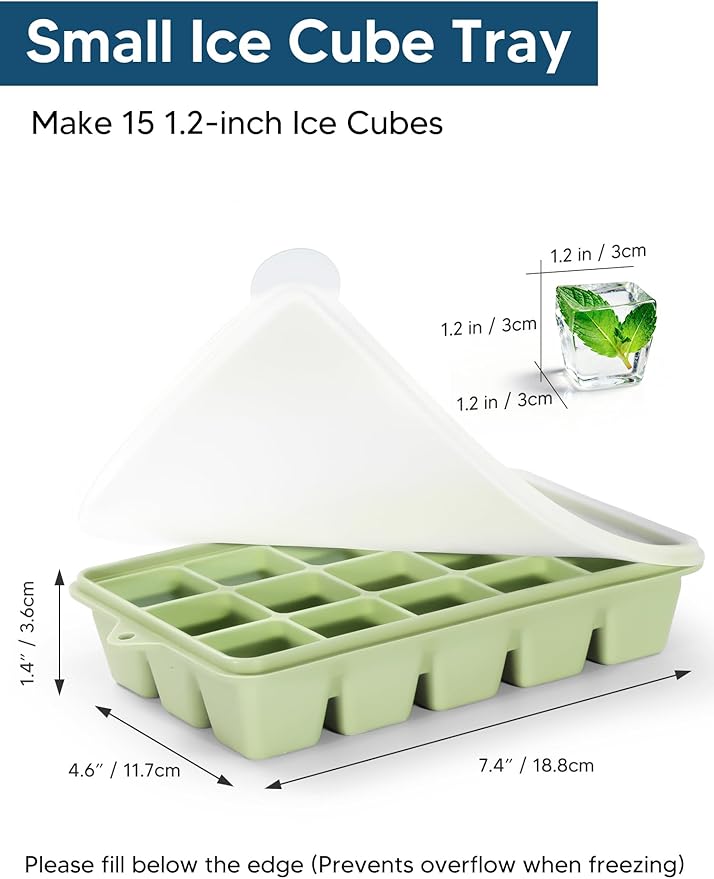 Silicone Ice Cube Tray, 2 Pack Ice Trays for Freezer with Lid, Easy Release and Stackable Silicone Ice Molds, Covered Ice Cube Trays for Cocktails, Whiskey, Coffee (Green)