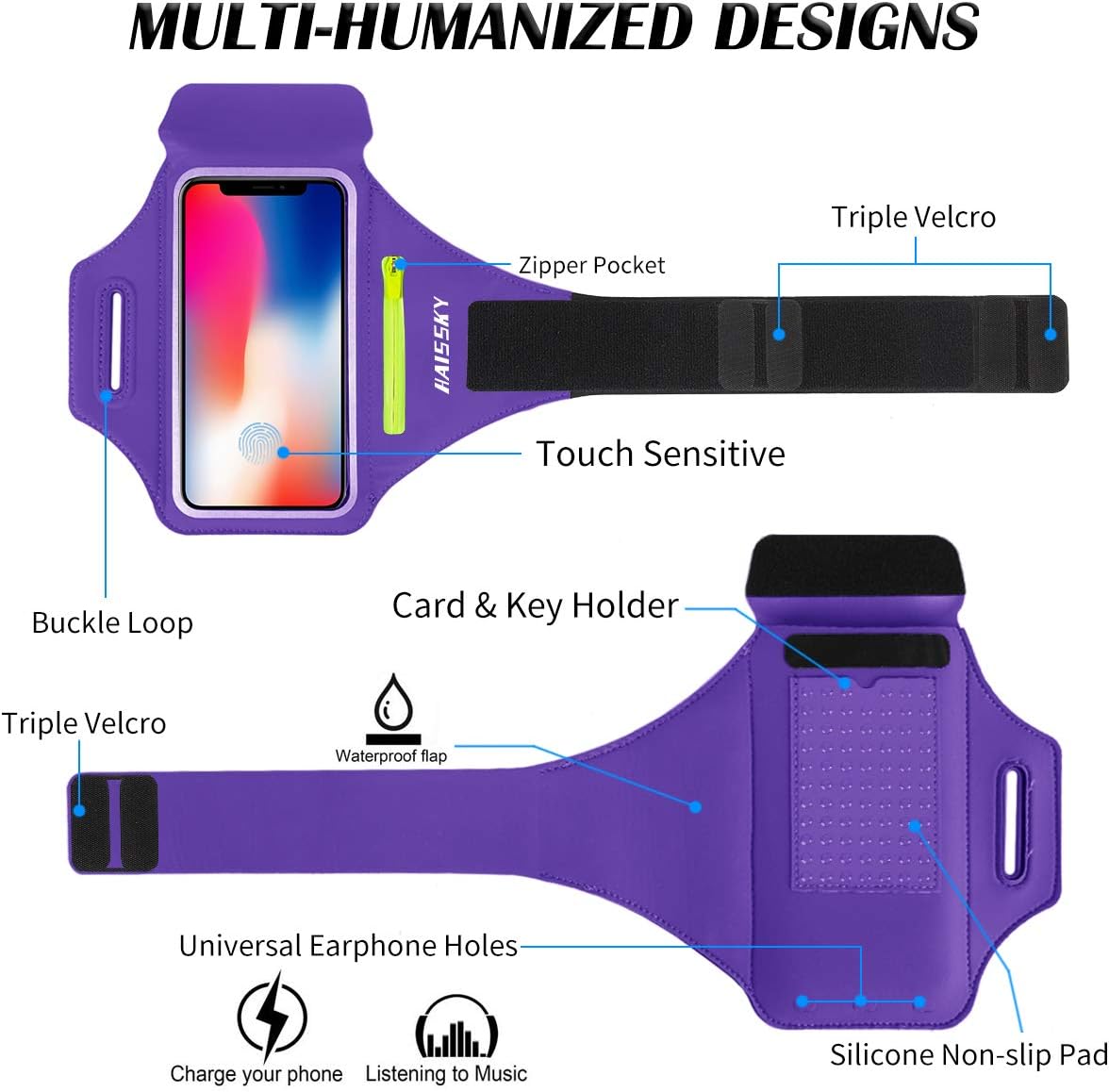 HAISSKY Cell Phone Running Armband with Airpods Zipper Pocket Armband Case Running Holder for iPhone 16/15/ 14/13 / 12 /11Pro Max,Galaxy S20 S10,Sweatproof Arm Band with Card/Key Bag
