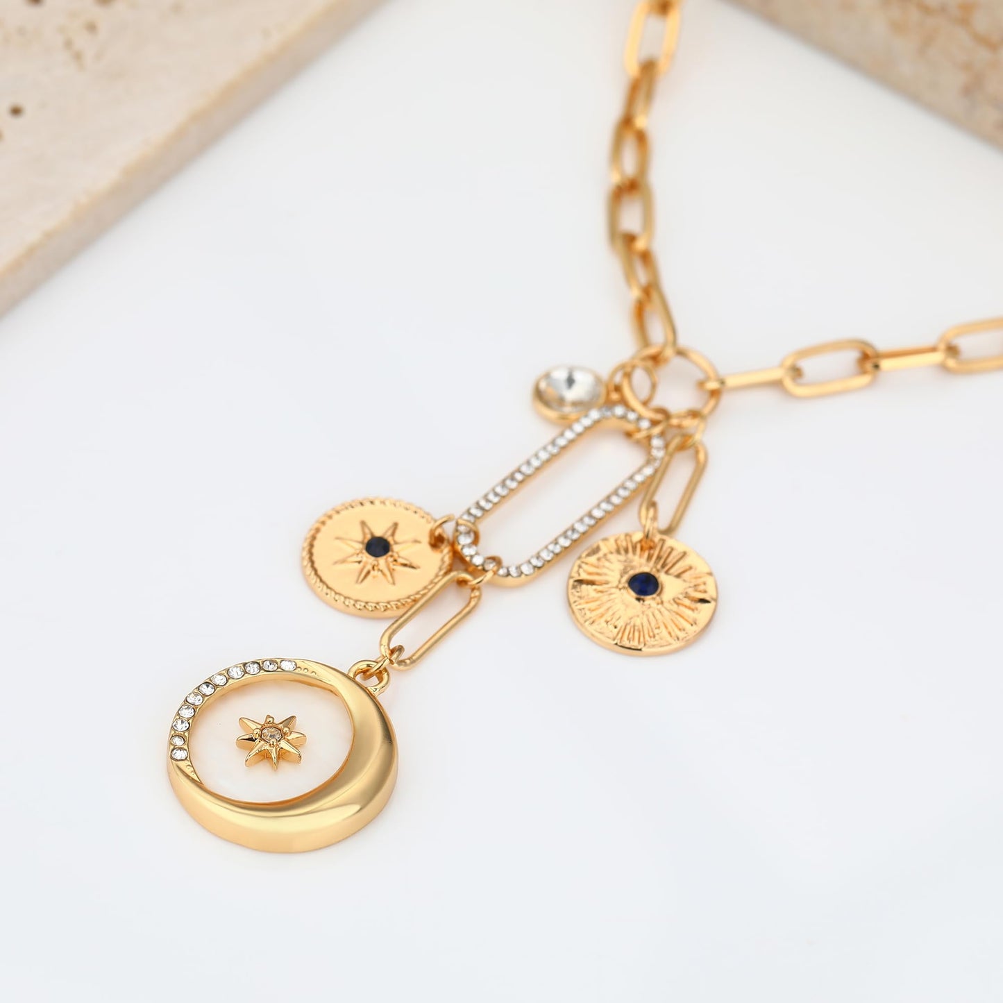 BONJOULRY Charm Necklace for Women Gold Sun Moon Pearl Shell Coin Evil Eye Charms Pendent Necklace Chunky Paperclip Necklaces Celestial Jewelry Shell