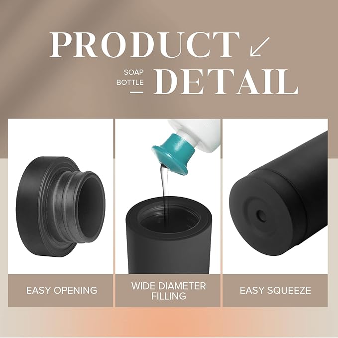 ElmRidge Dish Soap Silicone Dispenser for Kitchen Sink,Squeeze Washing Up Liquid and Hand Soap,Round refillable Silicone Bottles,Easy to Fill and to use, 8.5 oz,Black 2.4 x 2.4 x 5.5 inches (Black)