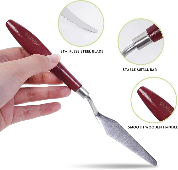 CONDA 5 Pcs Palette Knife Painting with 3 Plastic Scrapers, Stainless Steel Spatula Palette Knife Oil Paint Metal Knives Wood Handle