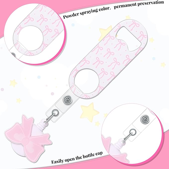 Honoson 8 Pieces Retractable Flat Bottle Opener Bartender Beer Opener with Round Badge Reel Clips Holder Bar Keys for Bartender Gifts Kitchen Home Party Supplies (Bow,Pink)