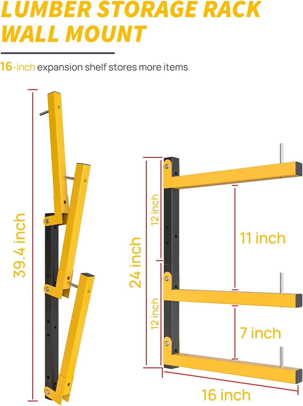 Lumber Rack Wall Mount Storage Racks Folding Wood Organizer Heavy Duty Shelf Brackets With 6-Level 720 Lbs Capacity Yellow Metal Utility Racks Garage Wall Shelving for Indoor and Outdoor Use (4 Pack)