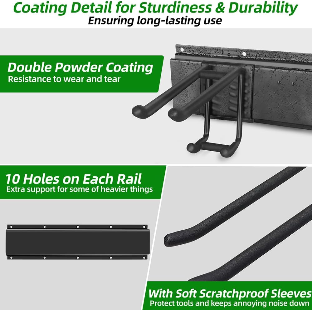 Garage Tool Organizer Wall Mount with 48 inches Rails and 6 Double-layer Hooks, Garden Tool Rack Heavy Duty, Garage Hanging Storage Rack For Yard Tools, Shovel, Shed