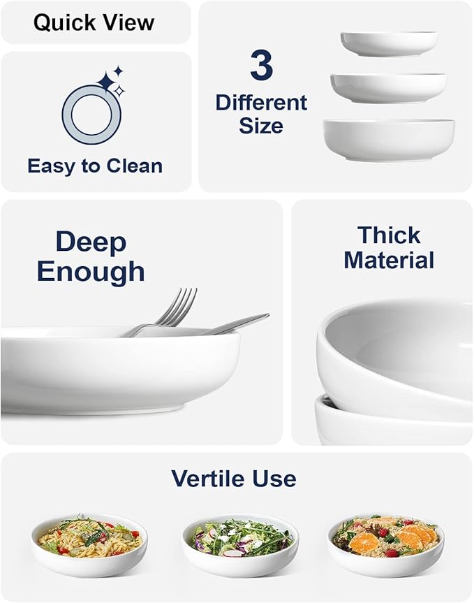 LE TAUCI Pasta Bowls 45 oz, Salad Bowls Set for Serving Soup, Pasta, Noodle, Dinner, Large Kitchen Bowl Plates, Microwave Safe - 8.5 Inch, Set of 4, White