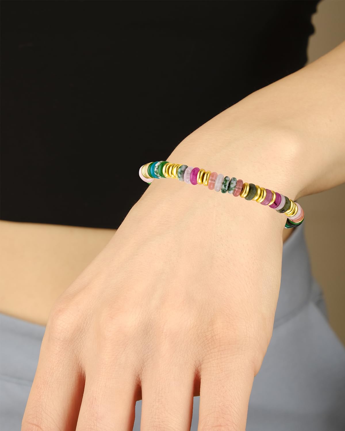 Boho Beaded Bracelets for Women, Colorful Summer Beach Bangle Bracelets, Natural Stone Rainbow Bead Bracelet, Handmade Trendy Fashion Jewelry Gifts (6MM)