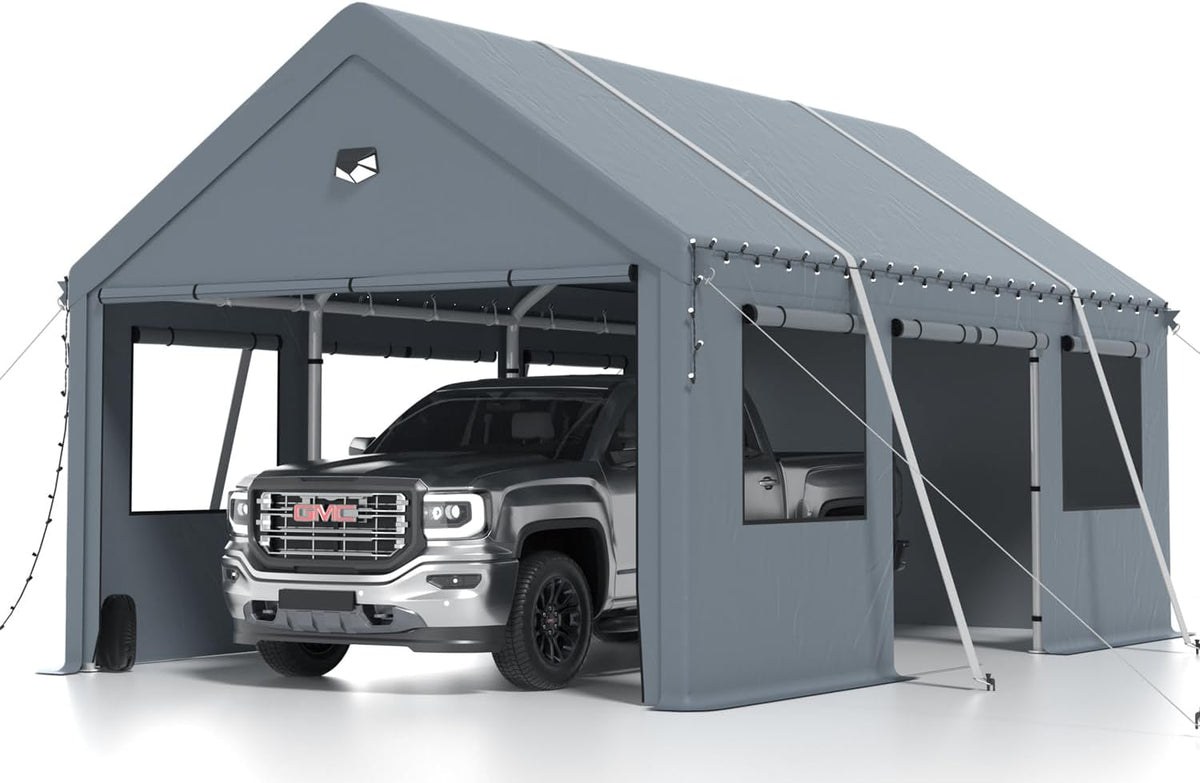 Carports 10X16 Heavy Duty，Portable Car Port Garage，Carport Canopy with Side Doors，Outdoor Car Shelter All Weather,Grey