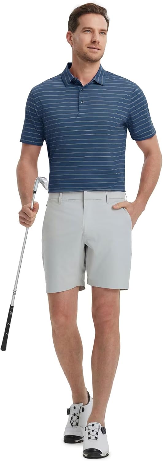 M MAELREG Mens Striped Golf Shirts Short Sleeve Silk-Like Touch Water-Resistant Breathable Soft Collared Polo Shirts for Men