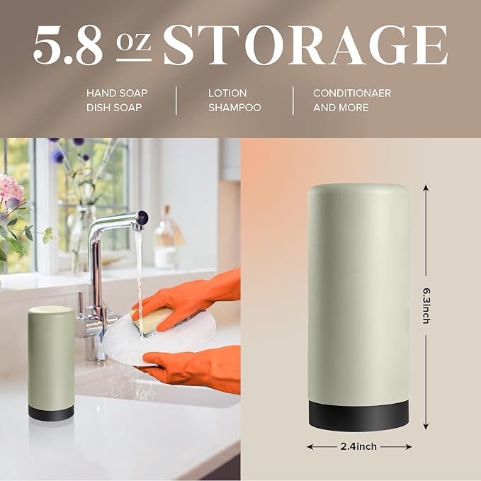 ElmRidge Dish Soap Silicone Dispenser for Kitchen Sink,Squeeze Washing Up Liquid and Hand Soap,Round refillable Silicone Bottles,Easy to Fill and to use,8.5oz,Black 2.4x2.4x5.5inch (Light Green)