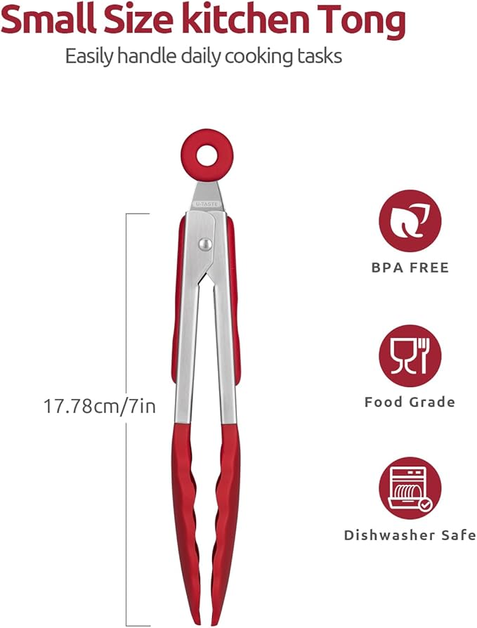 600ºF Heat Resistant Kitchen Tong: U-Taste 7 inch Silicone Cooking Tong with Firm Sealed Non Stick Rubber Tips & Silicon Coated 18/8 Stainless Steel Handle & Smooth Locking for Serving Salad (Red)