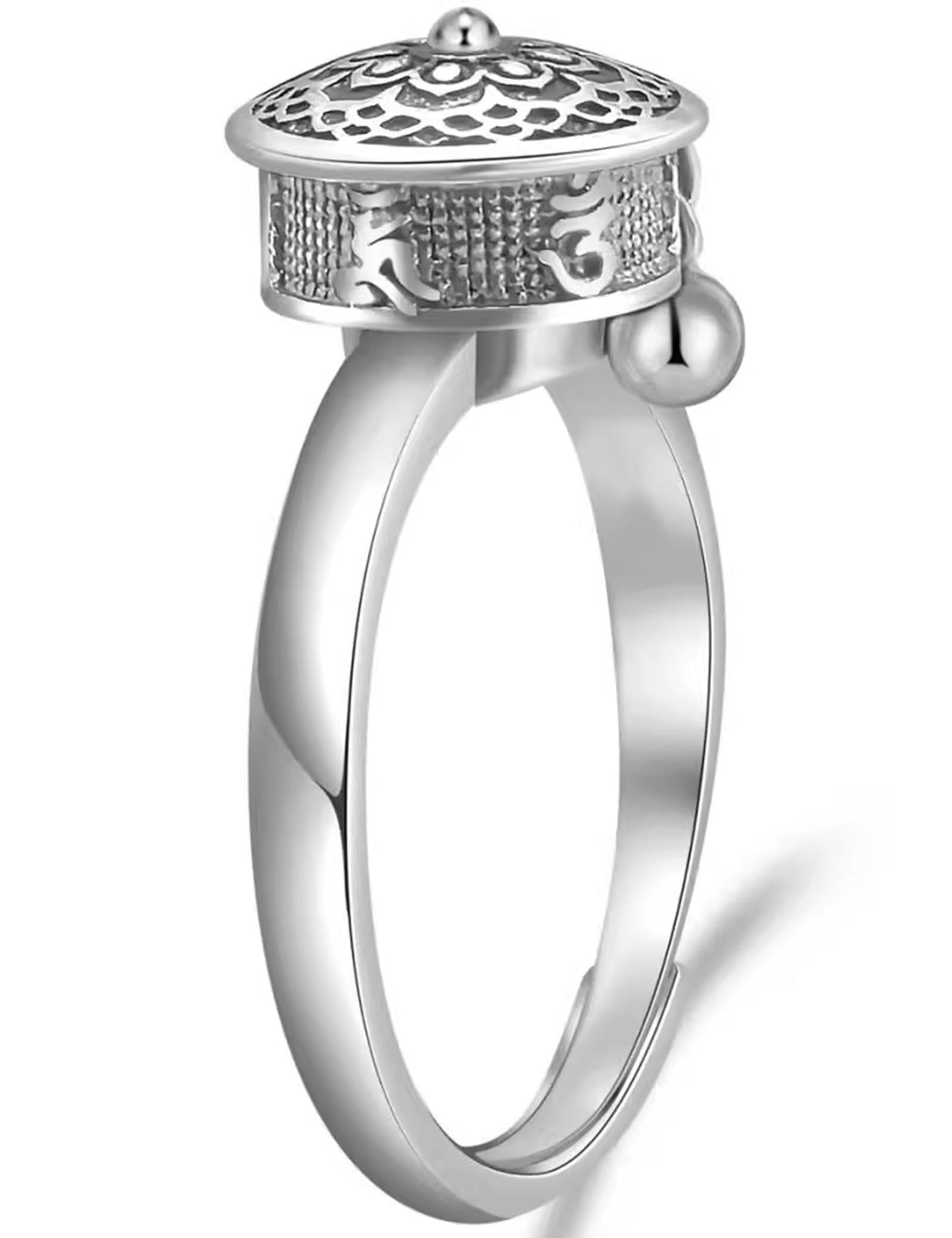 JAJAFOOK Silver Plated Brass Rotating Buddhist Prayer Wheel Ring Adjustable Lotus Spinner Ring for Meditation and Stress Relief