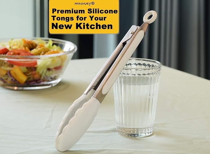 HINMAY Silicone Kitchen Tongs 9-Inch Stainless Steel Basics Tongs with Non-Stick Silicone Tips, Set of 3 (White)