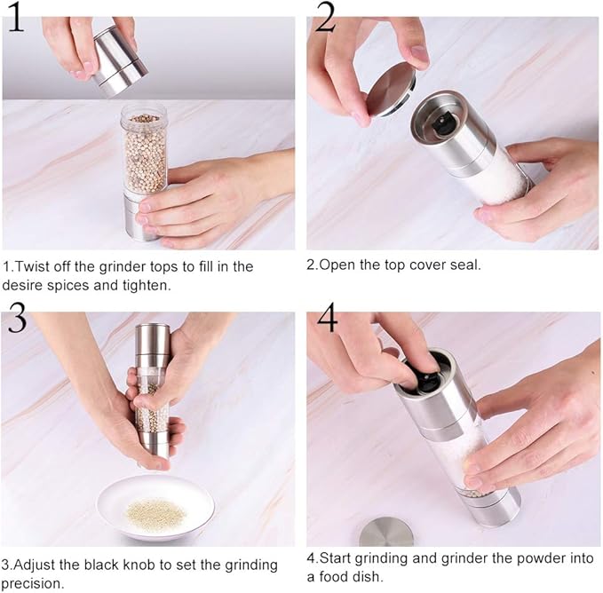 Mixoo Salt and Pepper Grinder - 2 in 1 Manual Stainless Steel Salt Pepper Mill Herb Spice Grinder Shakers Refillable with Adjustable Coarseness Ceramic Rotor and Dual Clear Acrylic Chamber