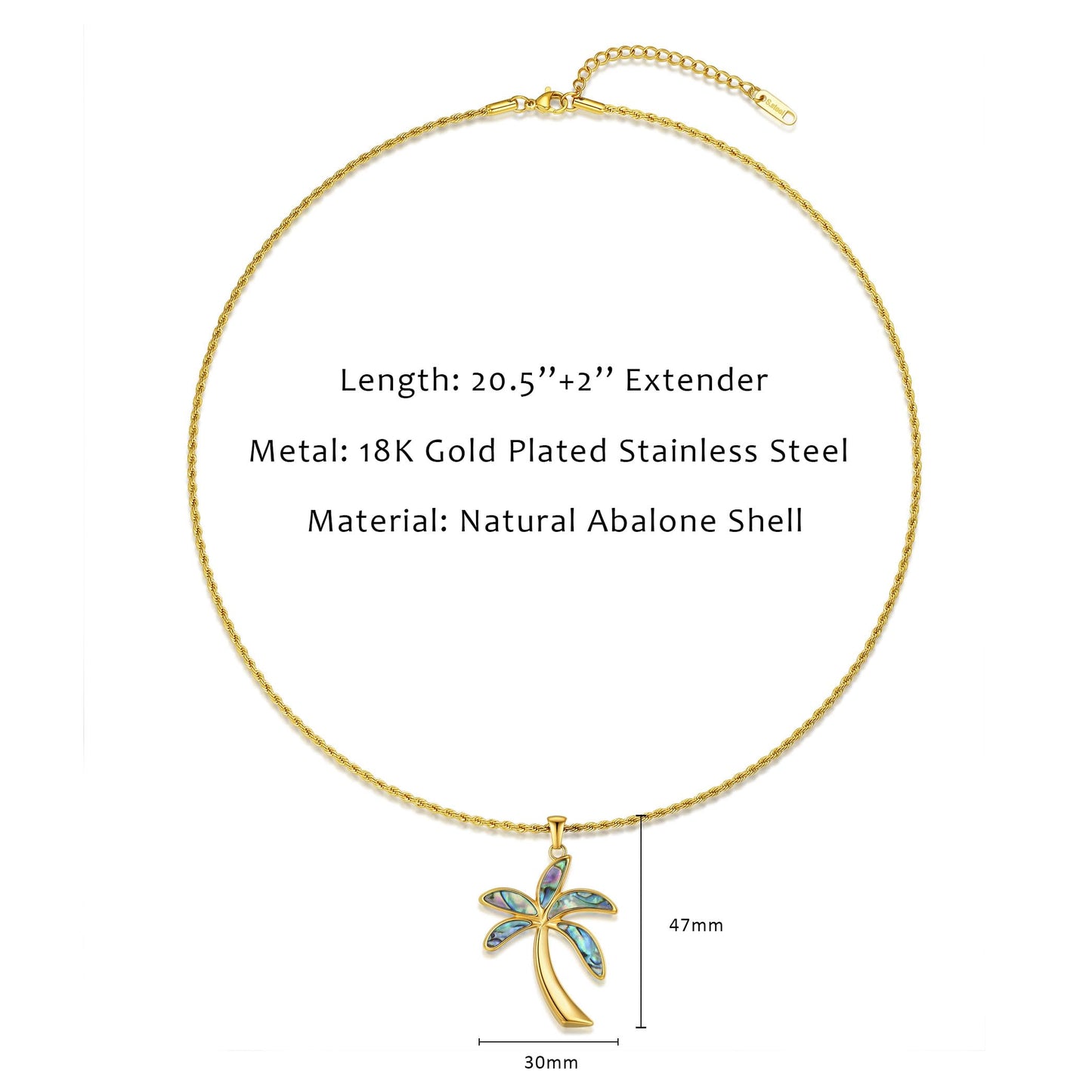 NUZON Abalone Shell Palm Tree Necklace for Women, 18K Gold Plated Stainless Steel Coconut Tree Pendant, Waterproof Hypoallergenic 20.5 Inch Twisted Rope Chain, Tropical Beach Vacation Jewelry Gift for Her