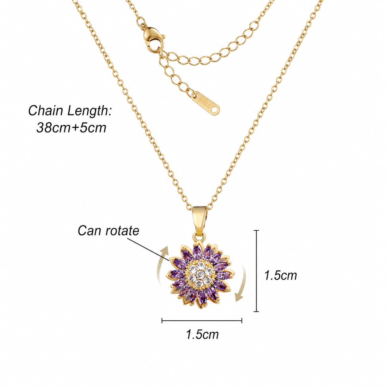 KONPJE Sunflower Fidget Necklace for Women Gold Moon Necklace Rotating Heart Necklaces Spinning Crystal Flower Anxiety Necklaces Crescent Moons Jewelry Accessories (Gold Purple)