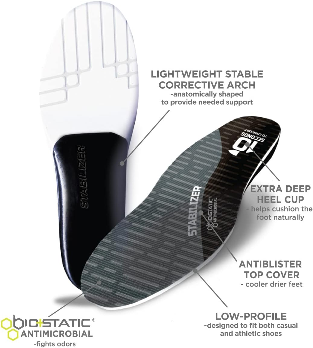 10 Seconds Stabilizer Insole, Medium Corrective Arch, Soft Support, Designed for Instability and Low-Profile Footwear, Deep Heel Cup, Anti Odor and Blister Topper (M 8/9, W 10.5/11.5)
