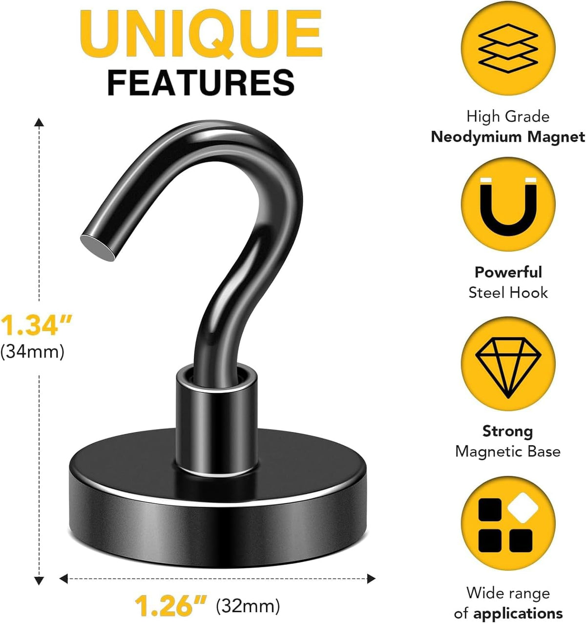 DIYMAG Black Magnetic Hooks, 118 LB Heavy Duty Strong Magnets with Hook, Rare Earth Neodymium Magnet Magnetics for Cabins Cruise Ship Essentials 4 Packs