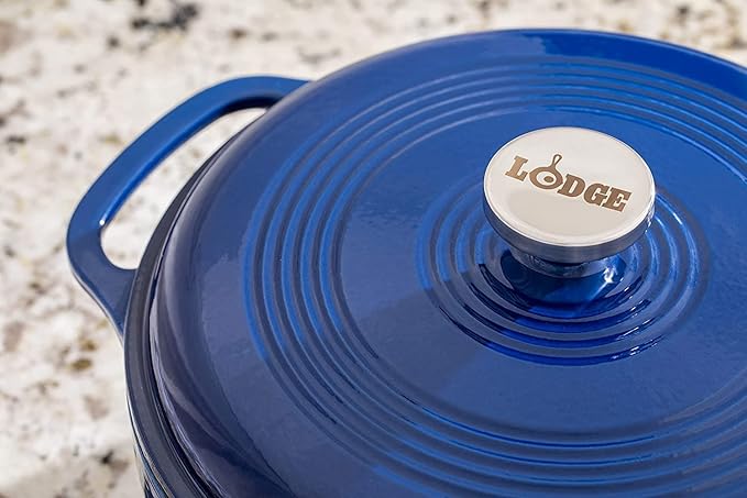 Lodge 3 Quart Enameled Cast Iron Dutch Oven with Lid – Dual Handles – Oven Safe up to 500° F or on Stovetop - Use to Marinate, Cook, Bake, Refrigerate and Serve – Indigo