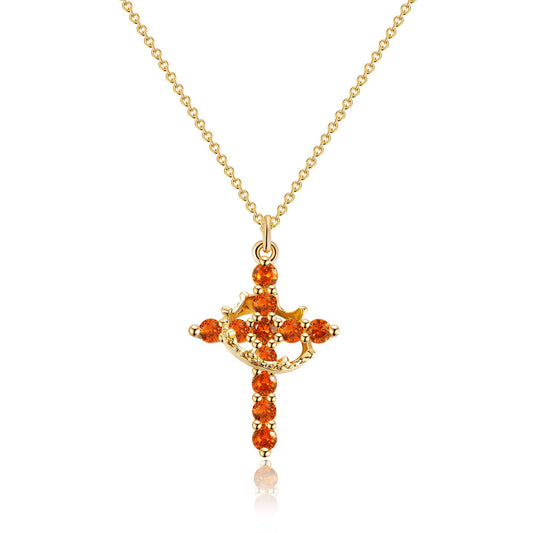 Robaice Birthstone Crown Cross Necklace for Women, Gold-Plated Christian Faith Necklace, Cross Jewelry Gift for Women, July Red Ruby Gift