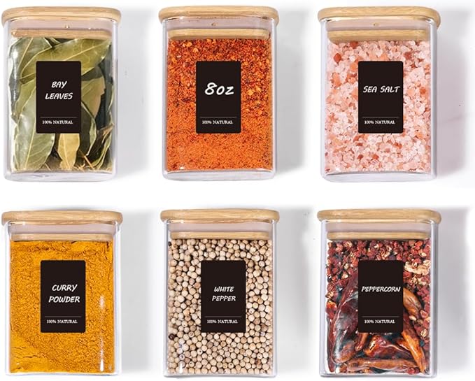 Comsaf Spice Jars with Label，8 oz Small Glass Jars with Lids, 6 Pcs Seasoning Containers, Rectangle Glass Containers with Lids, Empty Seasoning Jars for Pantry Storage, Loose Tea, Herbs, Powders, Salt
