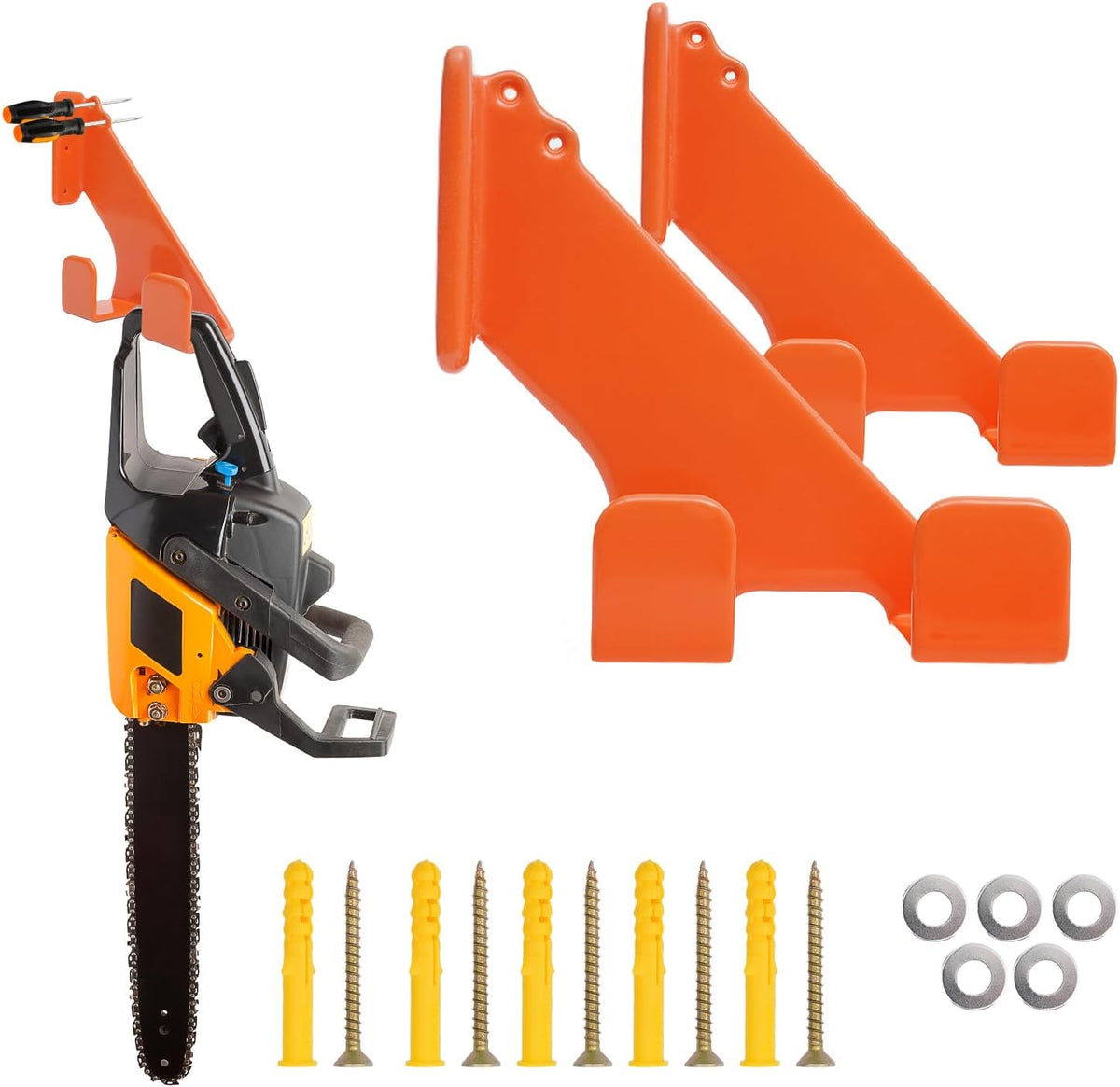 Chainsaw Holder Wall Mount, 2 Pack Heavy Duty Chainsaw Hanger with Rubber Coating, Chainsaw Wall Mount Rack, Chainsaw Organize Rack for Shed, Garage and Storage, Orange