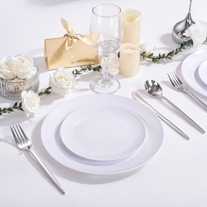 PULOTE 300PCS Silver Plastic Silverware Disposable - Heavy Duty Silver Plastic Cutlery - Disposable Utensils Set Include 100 Knives, 100 Forks and 100 Spoons for Party & Wedding