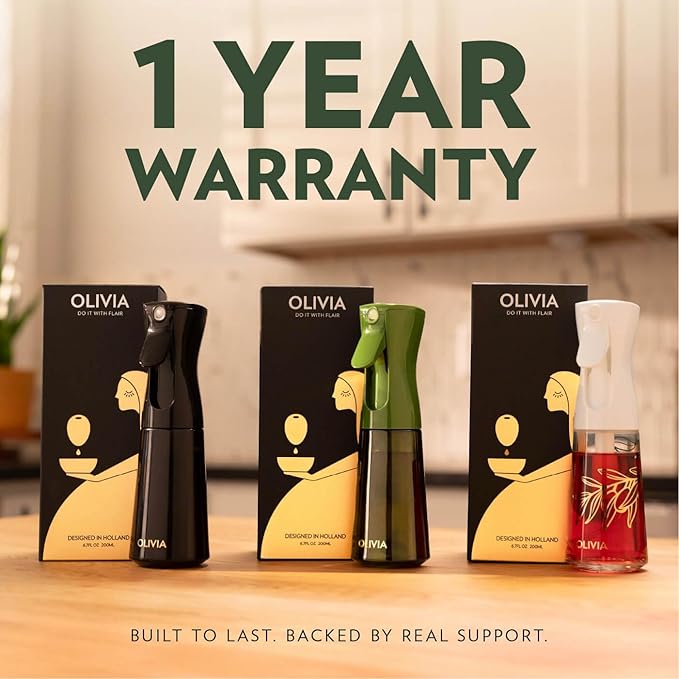 OLIVIA Oil Sprayer for Cooking, 200ml Glass Olive Oil Sprayer, Continuous Cooking Spray Bottle with Portion Control, Olive Oil Dispenser for Kitchen, Air Fryer, Salad, BBQ (Golden Leaves)