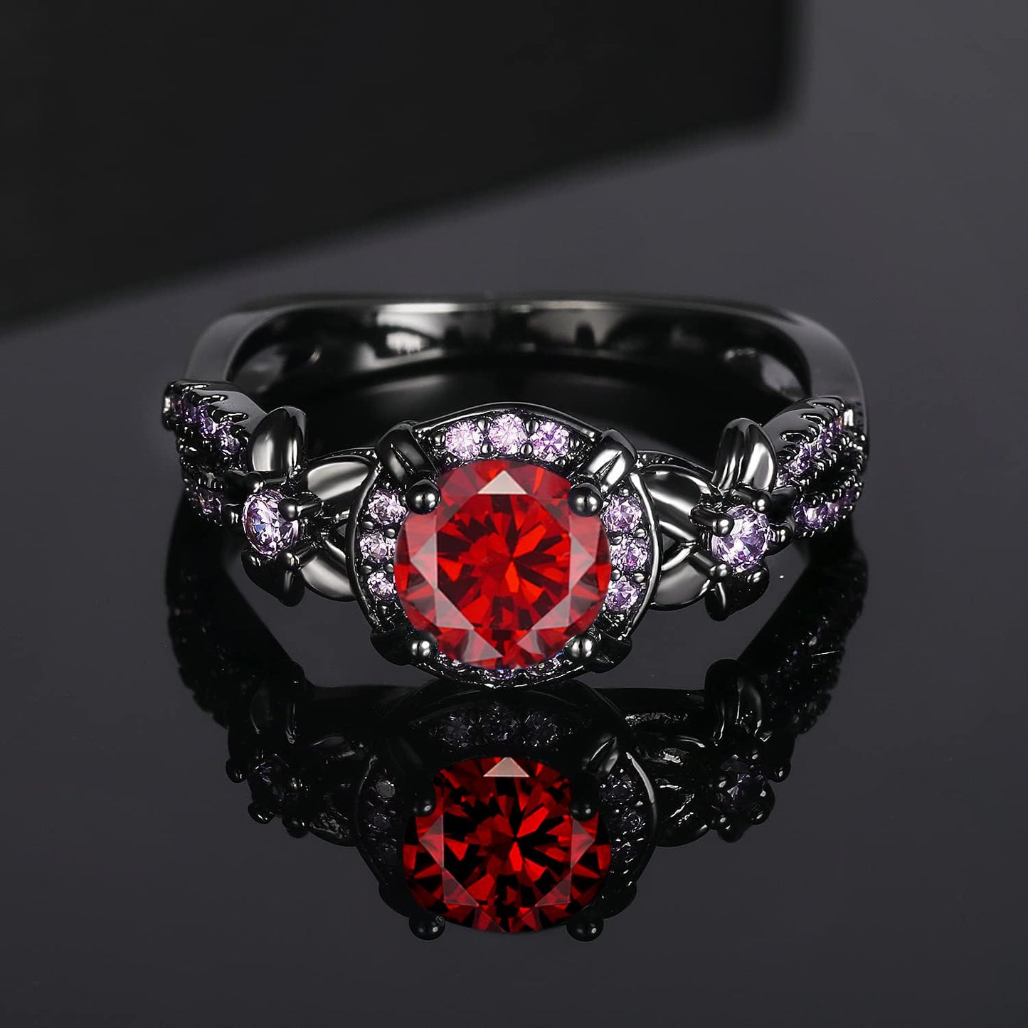 Vintage Black Gold Plated Ring with Created Garnet Gemstone, Purple CZ Accents, Wedding Engagement Band, Sizes 5-10 (9)