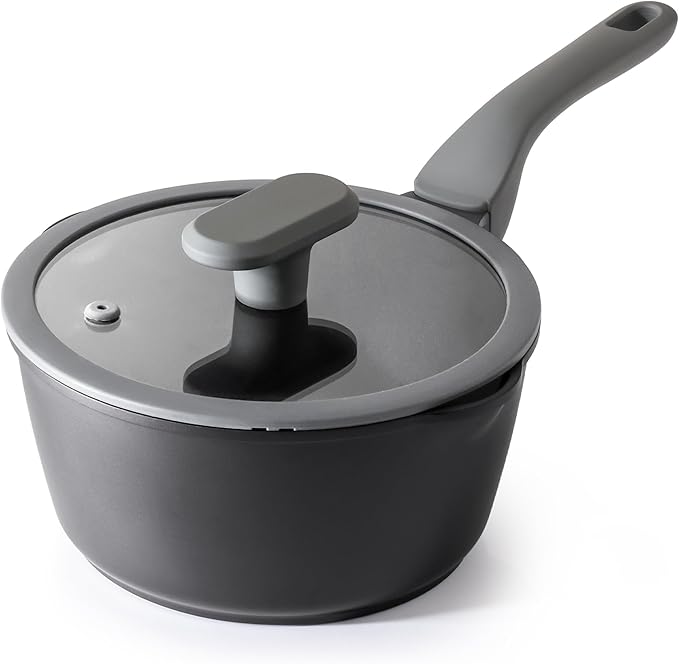 PRICUSIS Nonstick Saucepan with Lid, 2 Quart Non Toxic Pot with Pour Spouts, Full Coated, 100% Dishwasher Safe, Induction Compatible & Oven Safe, PFOS & PFOA Free, Black Sesame