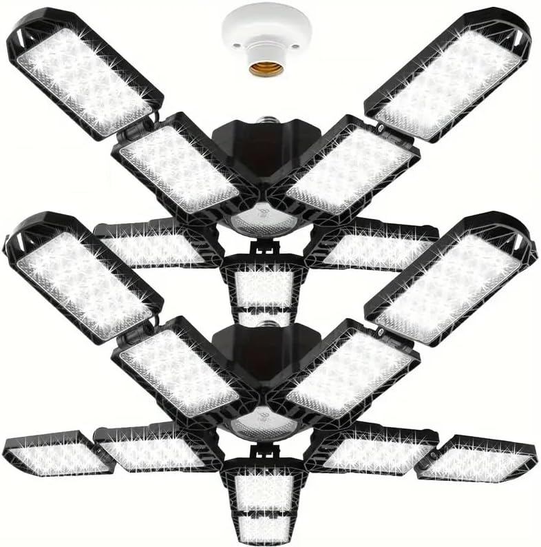 2 Packs LED Garage Light, Super Bright Screw in E26/E27 Ceiling Shop Work Lamp, 260W 26000 Lumen Deformable Basement Bulb Fixture with 10+1 Adjustable Panels, Lighting for Workshop, Attic