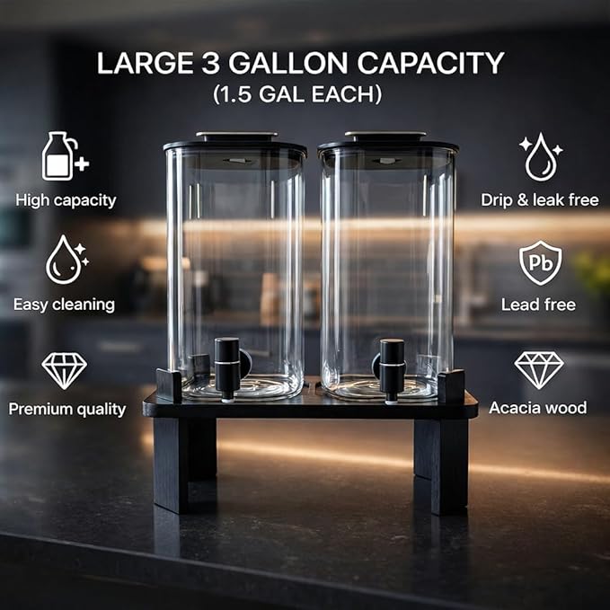 2 PCS 3 Gallon Drink dispenser, Glass Beverage Dispenser With Wood Stand, Large Water Drink Dispensers For Spa, for bars, office waiting room beverage dispenser modern Black