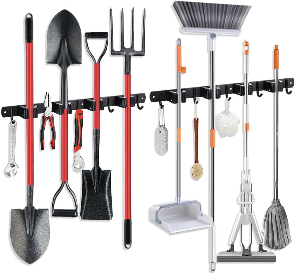 2 Pack Broom Hanger and Mop Holder, Heavy Duty Garden Tool Organizer Rack Rake and Shovel Handle, Stainless Steel Wall Mounted Utility Rack with Screws (4 Racks with 5 Hooks, Matte Black).