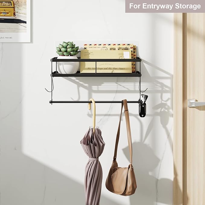 ESOW Paper Towel Holder with Shelf Storage, Adhesive Wall Mount 2-in-1 Basket Organizer for Kitchen & Bathroom, Durable Metal Wire Design, Stainless Steel 304 Matte Black Finish