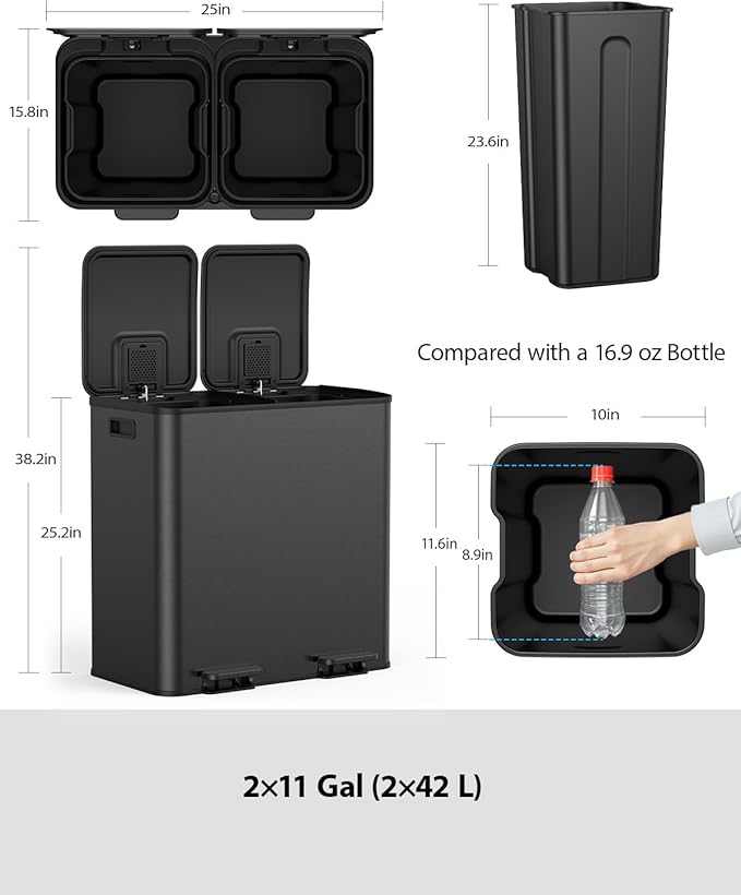 Lovewind Dual Trash and Recycling Bins for Kitchen, 2 * 11-Gallon Stainless Steel Double Trash Can, Step-On Garbage and Recycle Combo, Quiet Close, Pet-Proof, Compatible with 13-Gallon Bags, Black