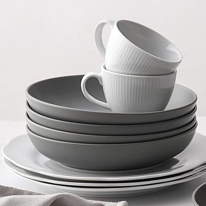 Y YHY 8.6" Vivid Gray Pasta, Salad & Soup Serving Bowls Set of 4, 32oz Large Ceramic, Microwave, Oven & Dishwasher Safe, Sturdy Porcelain Perfect for Daily Dining, Family Gatherings, Parties & Gifts