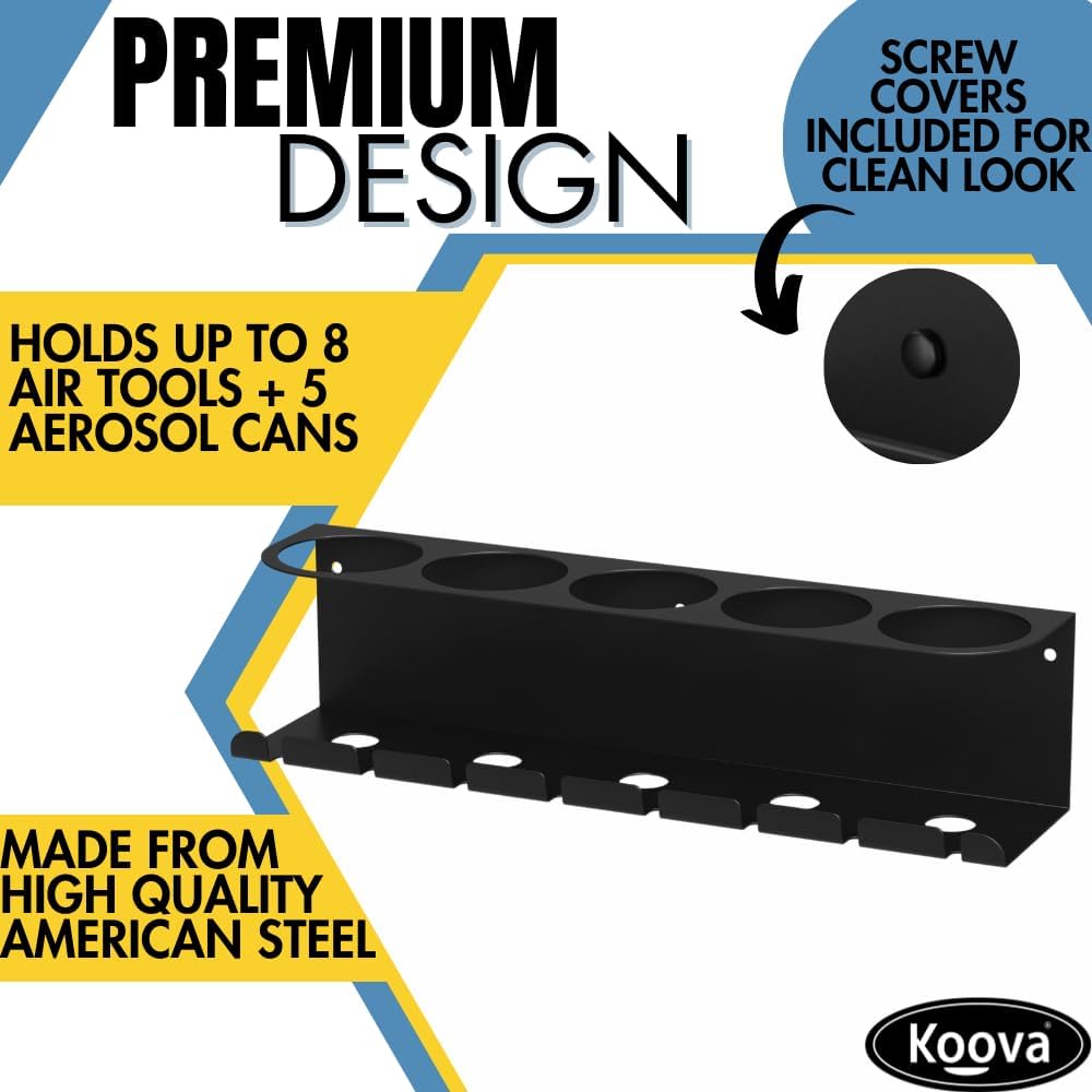 Koova Wall Mount Air Tool Holder with 5 Aerosol Can Storage - Durable Metal Construction - Made in USA - Includes Hardware for Garage & Workshop Organization
