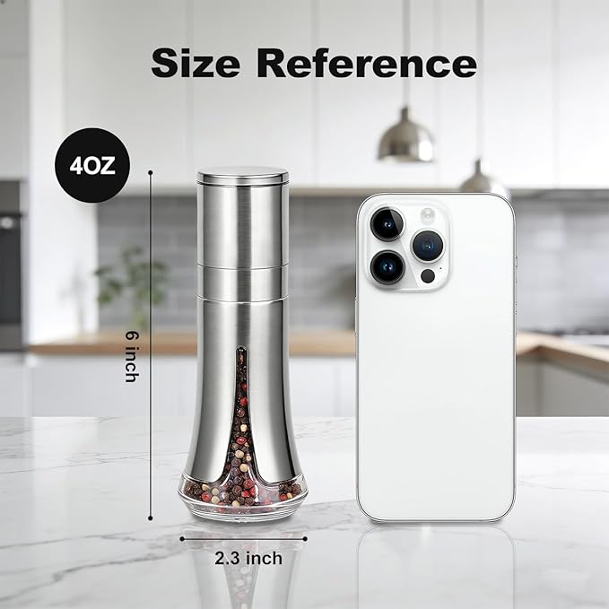 Aelga Pepper Grinder with Silicone Funnel - 4oz Glass Manual Mills with Adjustable Ceramic Core & Stainless Steel Sleeve, Refillable Kitchen Gadget