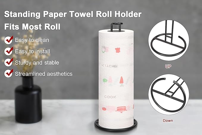 NearMoon Paper Towel Holder, Sturdy Paper Towel Stand Dispenser-All Metal, Standard or Jumbo-Sized for Kitchen Countertop, Farmhouse, Living Room (1 Pack, Matte Black)