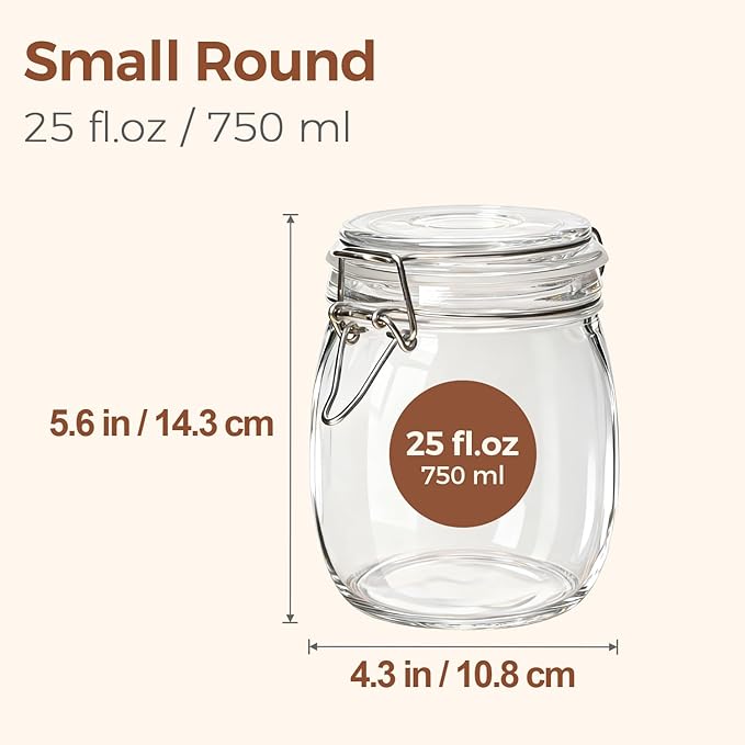 ComSaf 25oz Airtight Glass Canisters with Lids Set of 6, Round Food Storage Jar Container with Clamp Lids for Kitchen Canning Cereal Coffee Pasta Sugar Beans Spice, Clear Mason Jars with 12 Labels