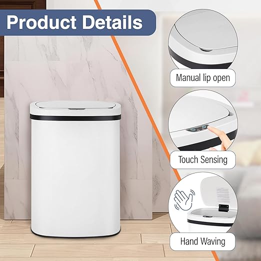 PayLessHere | 13 Gallon Stainless Steel Trash Can | White | Automatic Touchless Lid with Motion Sensor | Kitchen Garbage Can with Waterproof Design | for Home, Office, Bathroom | Pack of 1