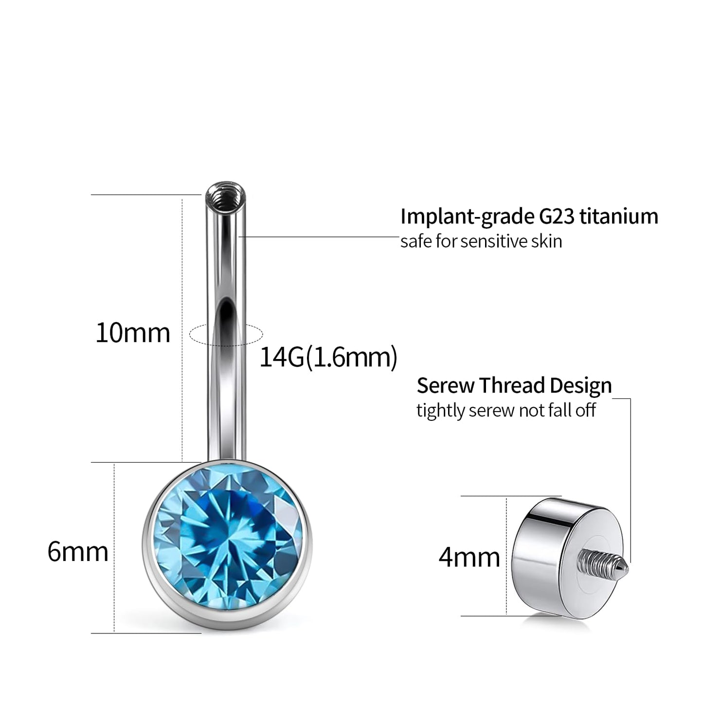 XUU Titanium Belly Button Rings, Black & Silver – 14G Internally Threaded Navel Piercing Jewelry, 10mm & 12mm Curved Barbells with 7 Colors Gems – Hypoallergenic (Silver-Blue cz, 10MM)