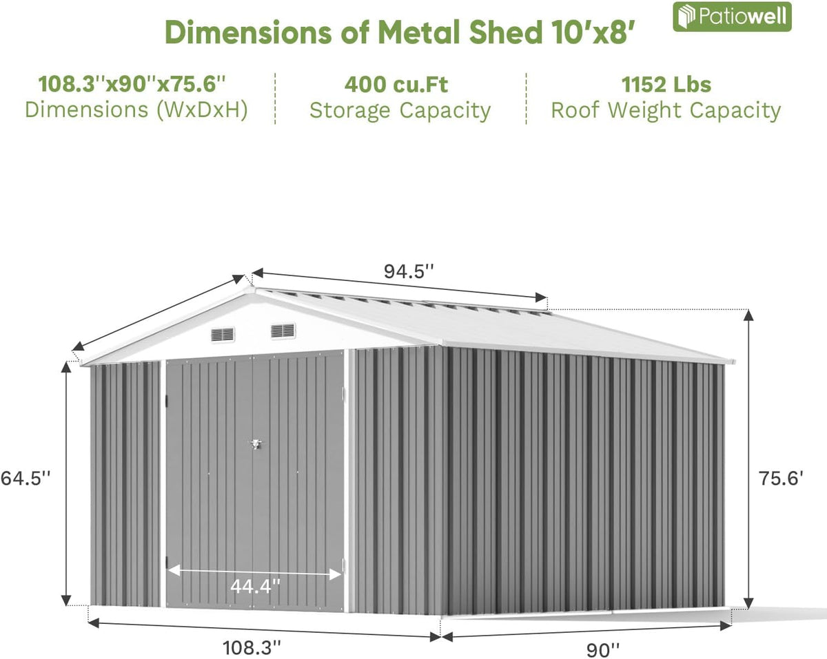 Patiowell 10 x 8 FT Outdoor Storage Shed, Large Garden Tool Metal Shed with Sloping Roof and Double Lockable Door, Outdoor Shed for Backyard Garden Patio Lawn,Grey