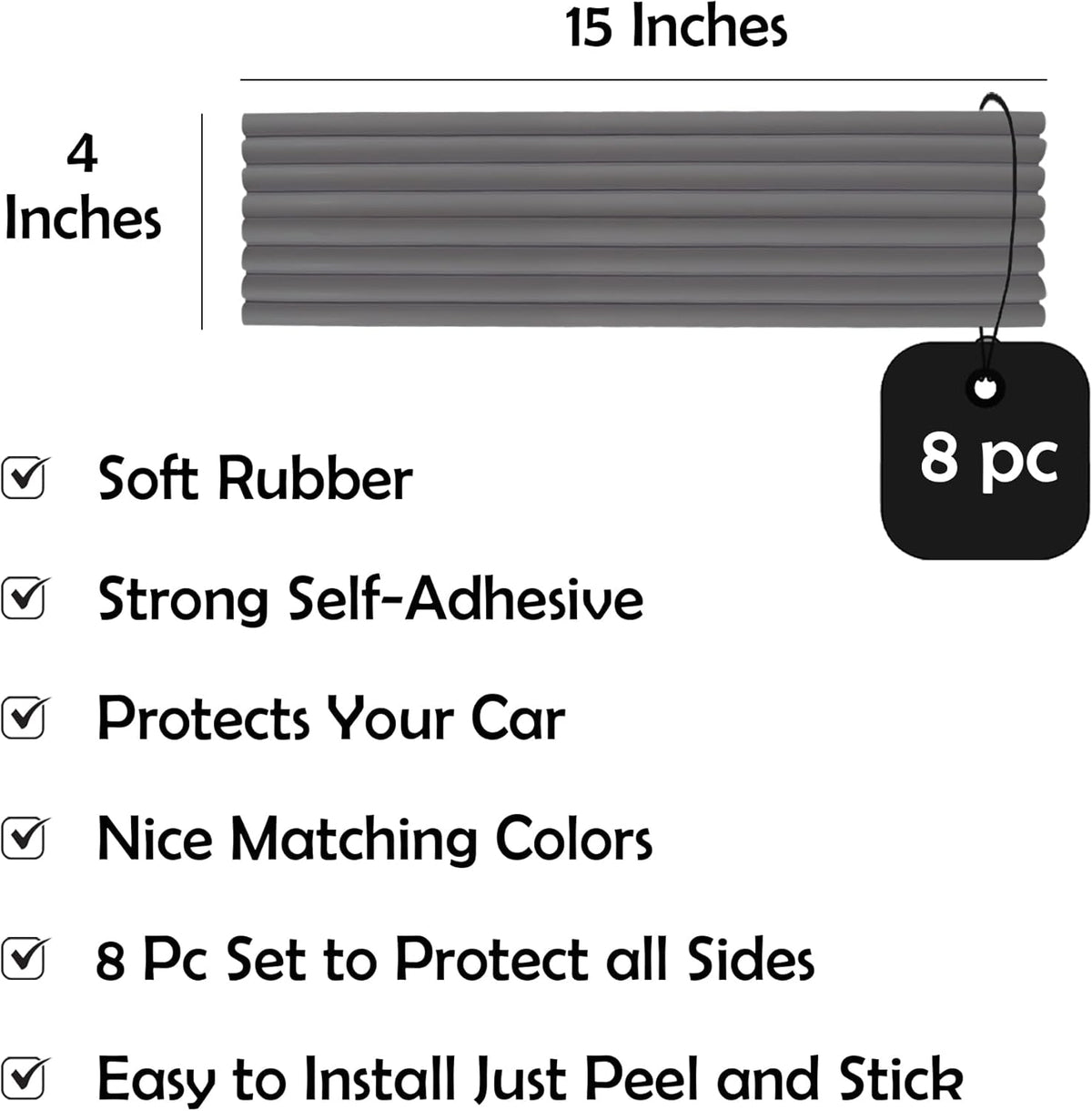Rubber Bond Garage Wall Protectors 8 Pack - 4x15 Inches Strong Self-Adhesive Rubber Bumper Protectors for Garage Walls - Anti-Scratch and Waterproof (Grey)