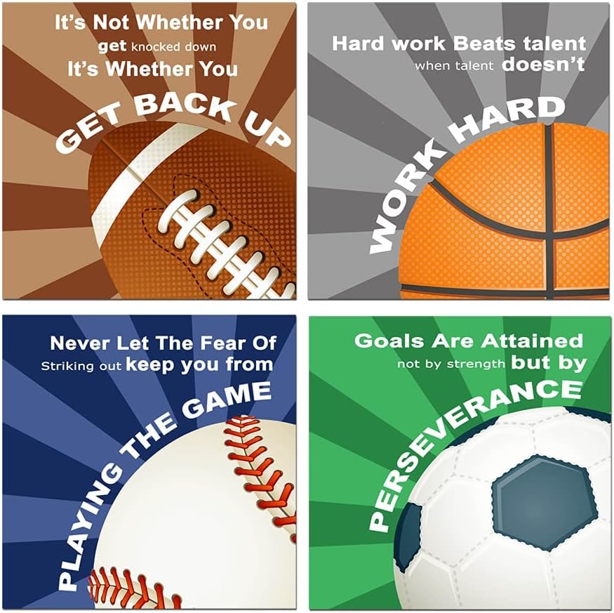 KaiLeFu-Colorful Sports Inspirational Quotes Framed Canvas Wall Art -Motivational Basketball Baseball Soccer Football Quotes Sport Art Wall Decor for Kids Boys Room Classroom -12"x12"x4pcs